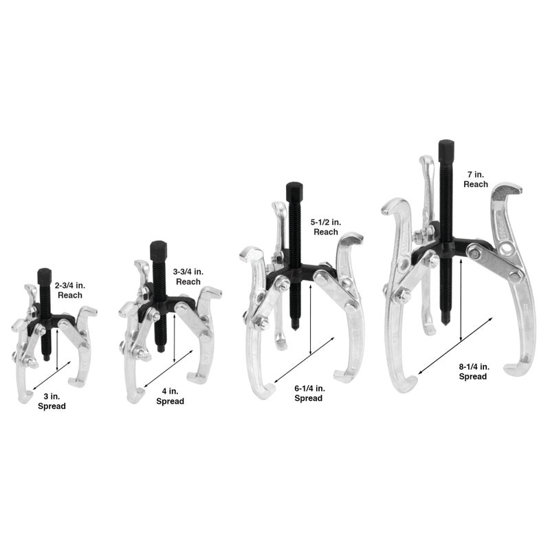 Performance Tool W134DB 3 Jaw Gear Puller Set  4-Piece Set (Sizes: 3  4  6 and 8-Inch)  with Reversible Design for Vehicle Maintenance and Repair  Drop-Forged Steel  Chrome Plating - Image 2